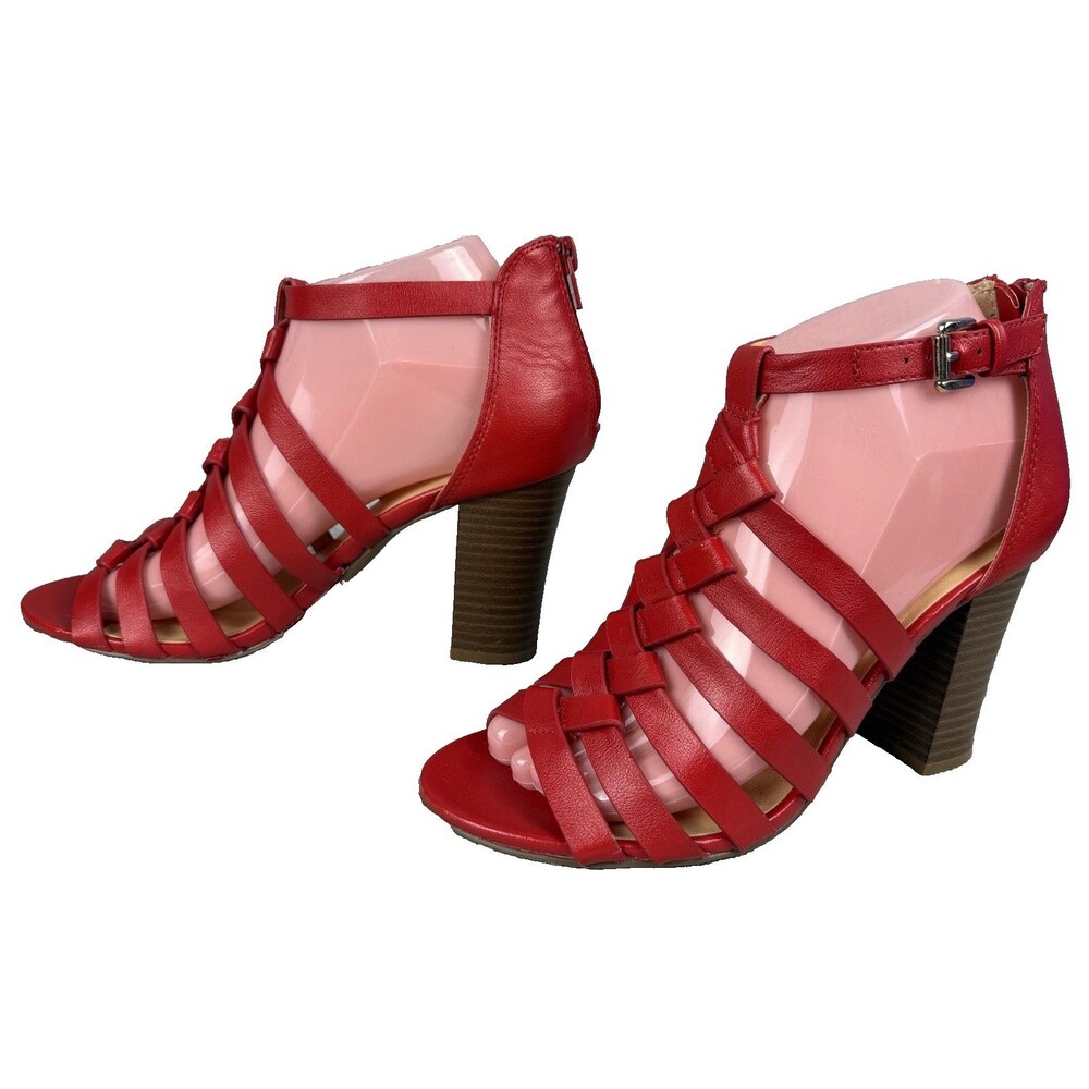 XOXO Red Baxter Braided Gladiator 3.5" Stacked Heel Sandals Size 7 Buckle & Zip